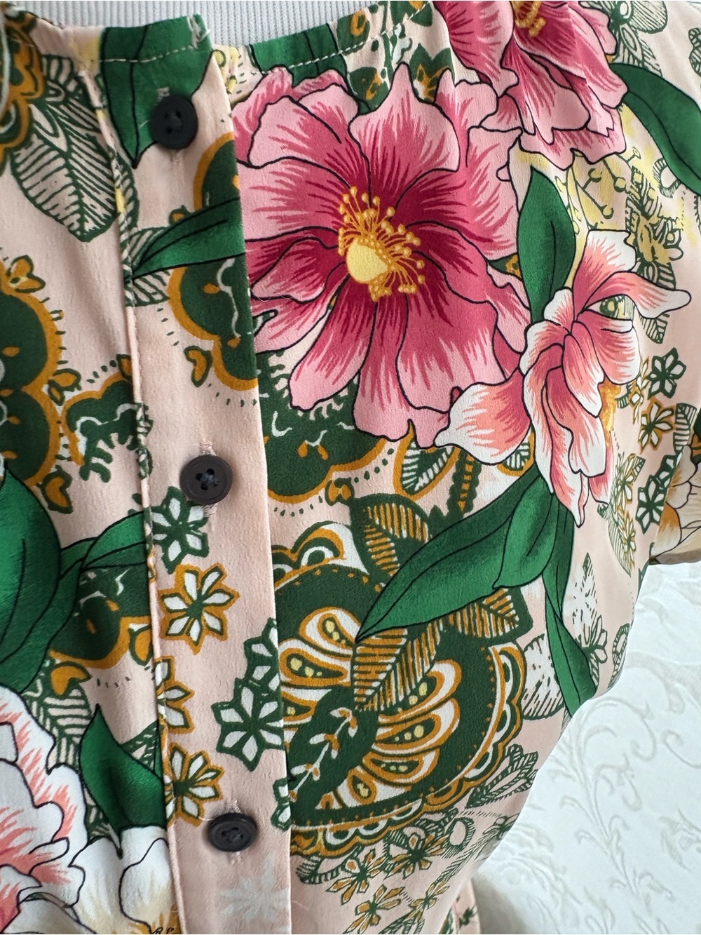 LOFT Pink Floral Midi Dress with Green Leaves - Picture 4 of 6